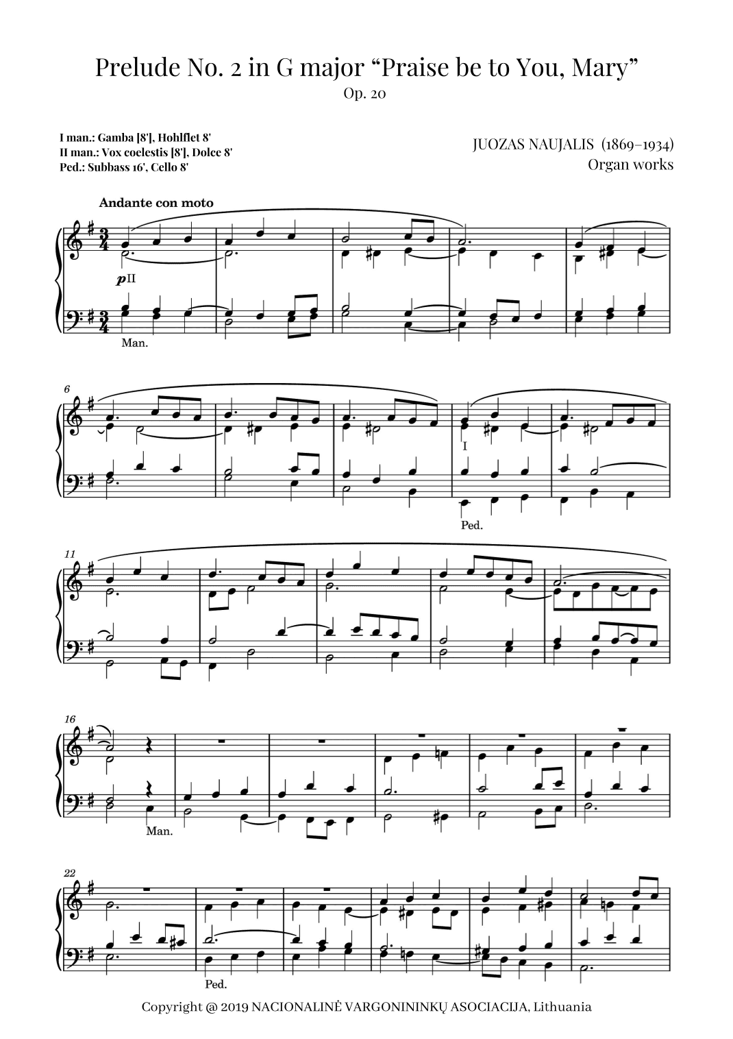 Prelude No. 2 in G major “Praise be to You, Mary”, Op. 20 by Juozas Naujalis (1869–1934)