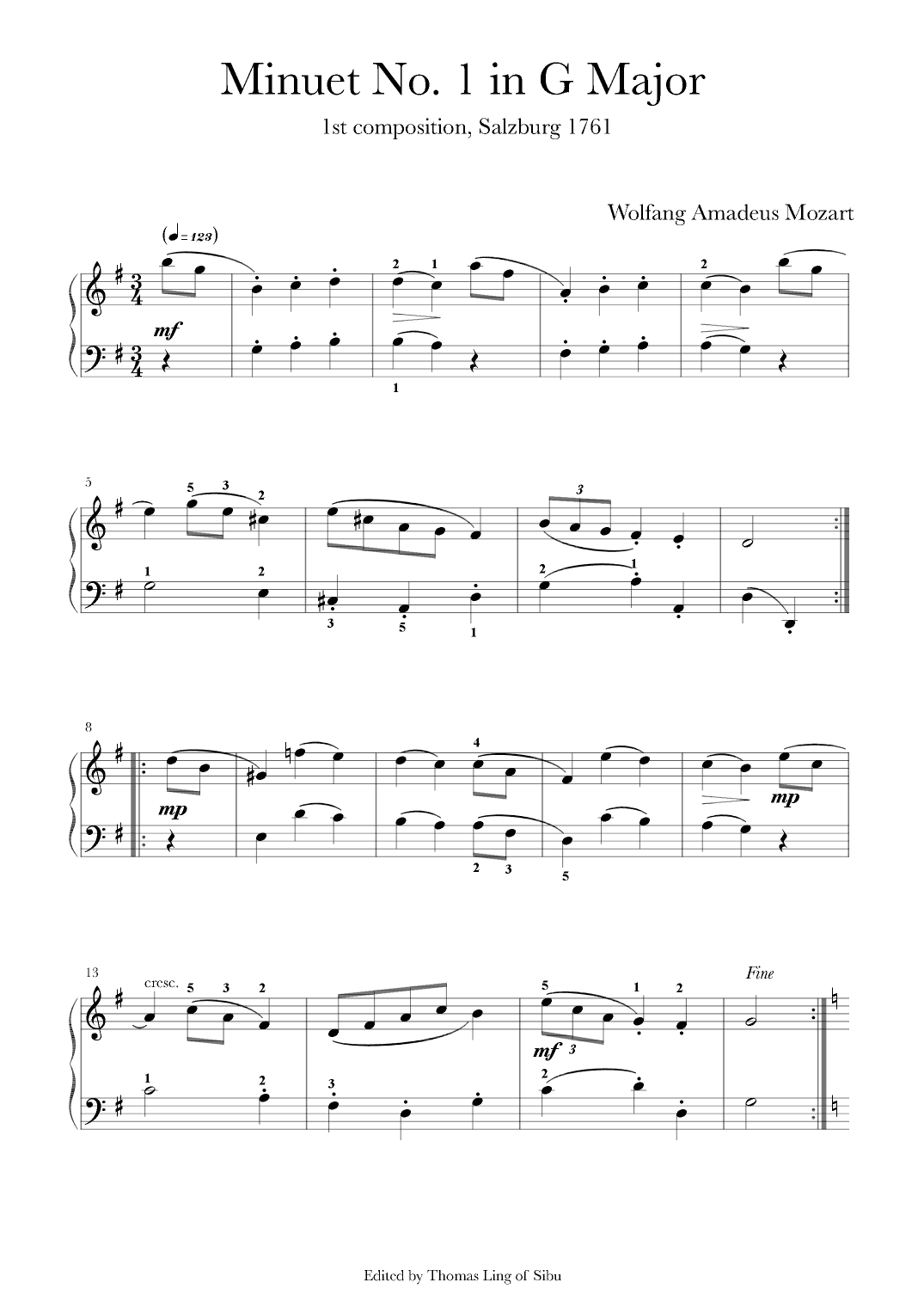 Minuets by Mozart K1-7 (6 minuets and one non minuet) (arr. Thomas Ling)