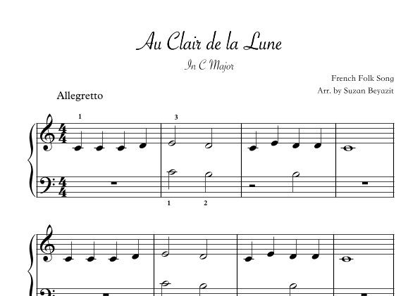 Au Clair de la Lune  (Initial Level Piano) (arr. Suzan Beyazit)