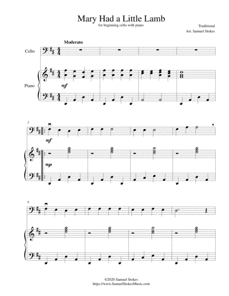Mary Had a Little Lamb - for beginning cello with optional piano accompaniment (arr. Samuel Stokes)