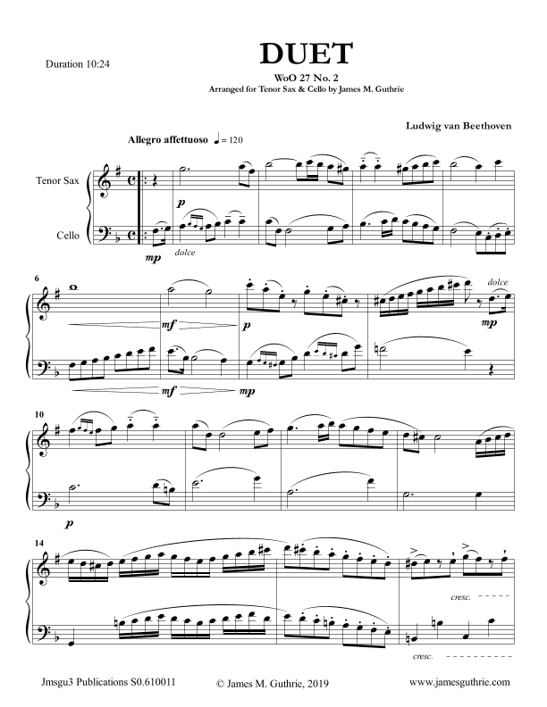 Beethoven: Duet WoO 27 No. 2 for Tenor Sax & Cello (arr. James M. Guthrie, ASCAP)