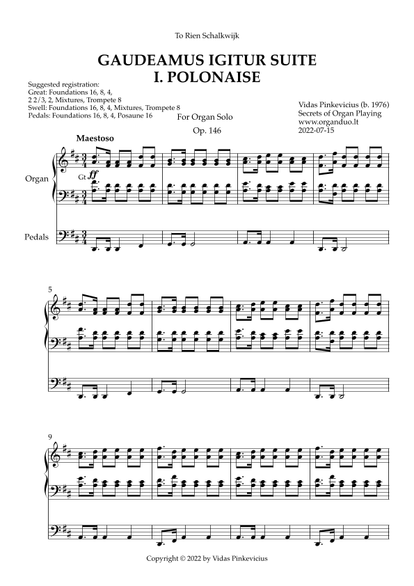 Gaudeamus Igitur Suite, Op. 146 (Organ Solo) by Vidas Pinkevicius (2022)