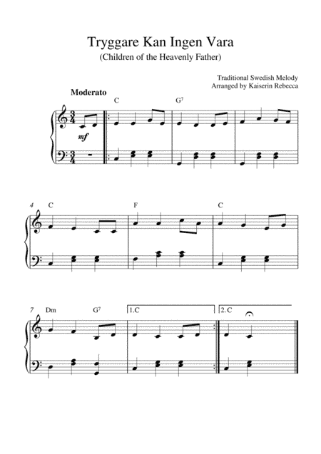 Tryggare Kan Ingen Vara (piano solo with chords) (arr. Kaiserin Rebecca)