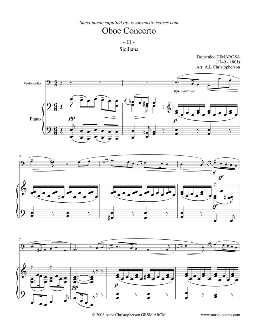 Cimarosa Siciliana - 3rd movement from Oboe Concerto - Cello and Piano (arr. Anne L Christopherson GRSM ARCM)