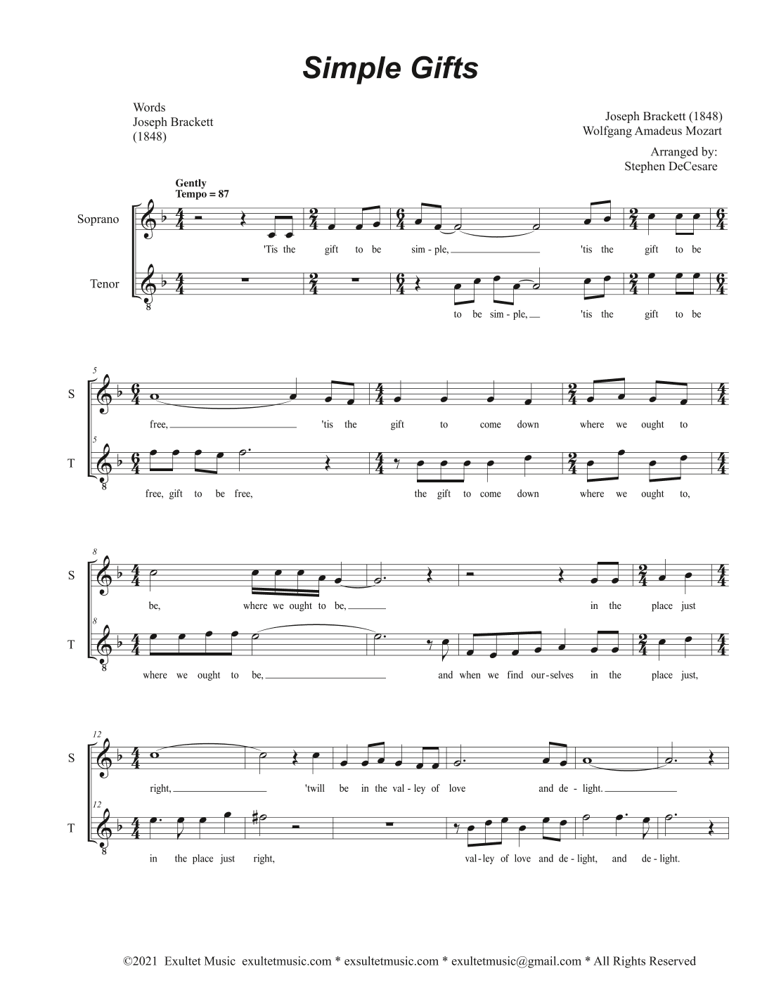 Simple Gifts (Duet for Soprano and Tenor solo) (arr. Stephen DeCesare)