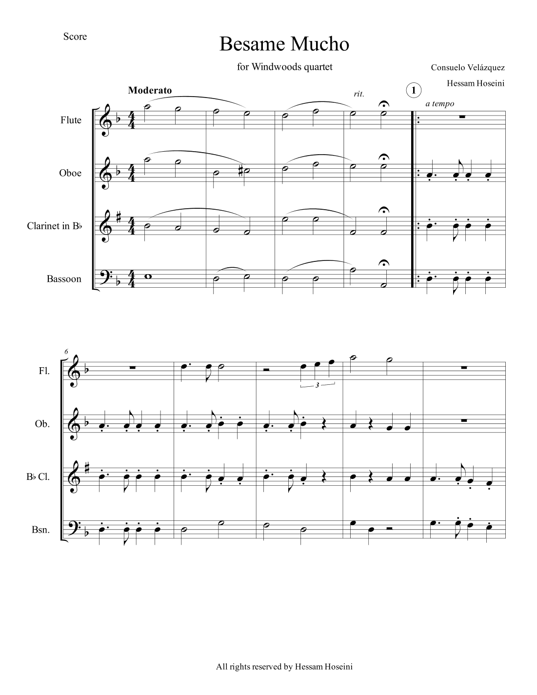 Besame Mucho (for Woodwind quartet) (arr. Hessam Hoseini)