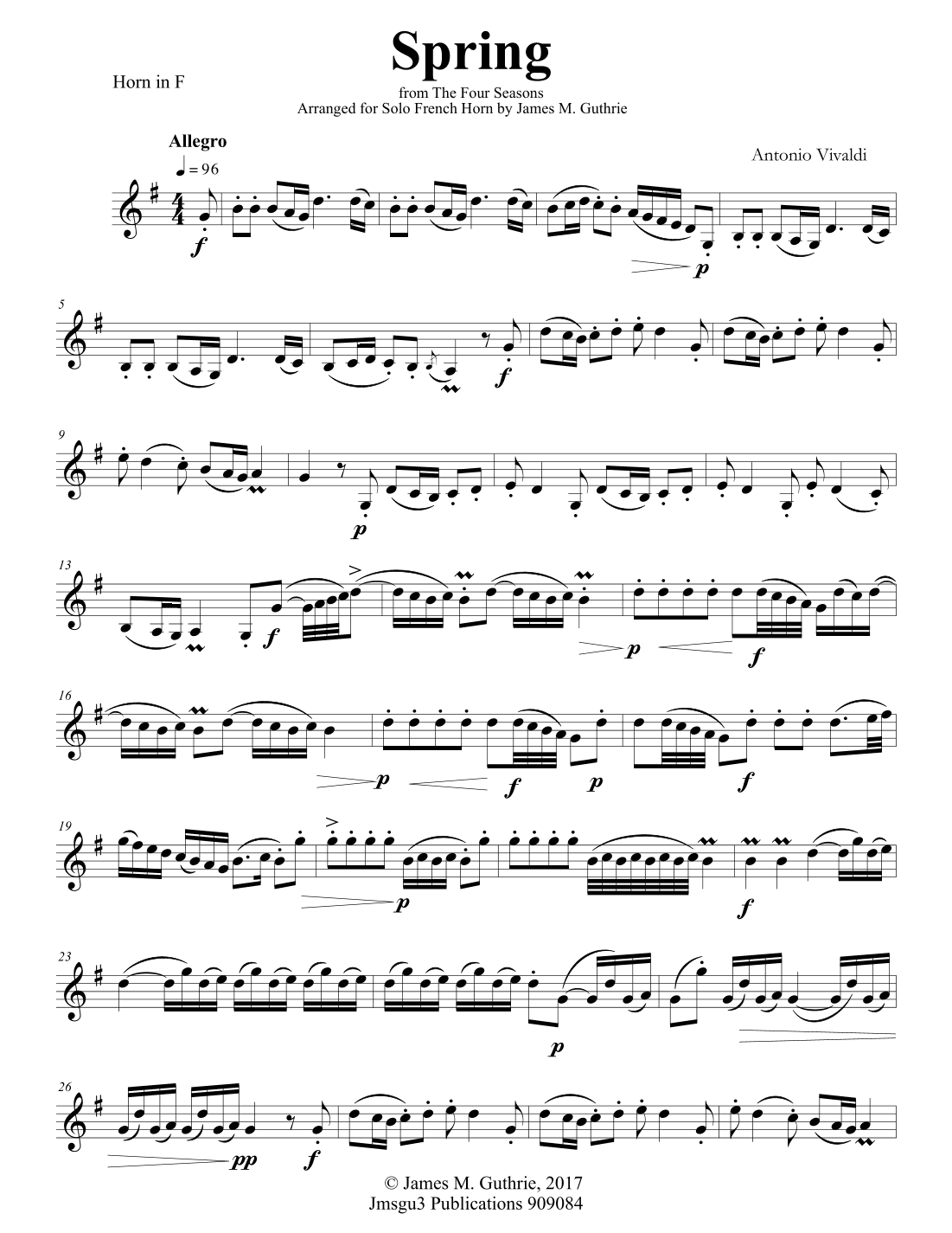 Vivaldi: Spring from the Four Seasons for Solo French Horn (arr. James M. Guthrie)