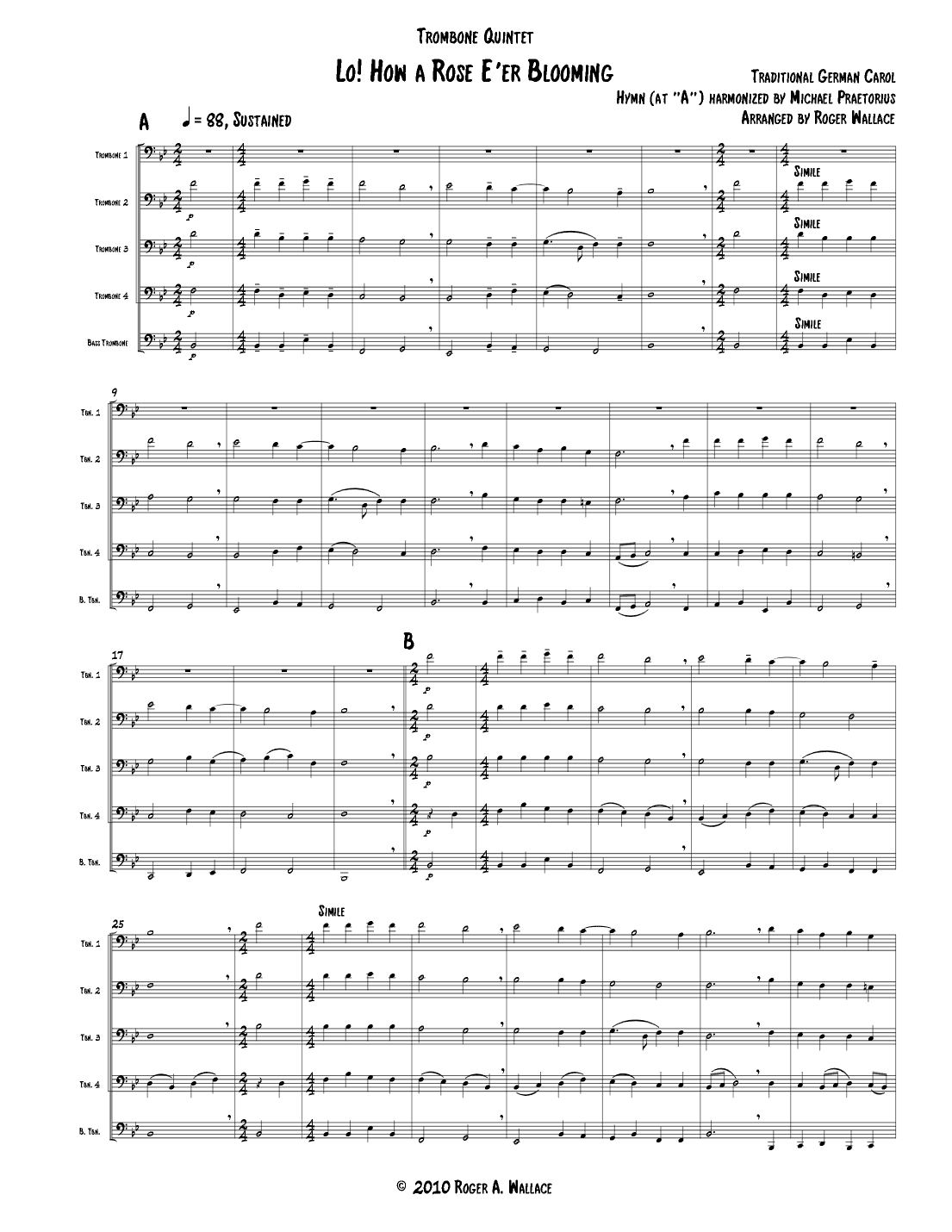 Lo! How a Rose E'er Blooming (Trombone Quintet or Choir) (arr. Roger Wallace)