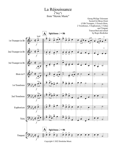 La Rejouissance (from "Heroic Music") (Eb) (Brass Octet - 3 Trp, 1 Hrn, 2 Trb, 1 Euph, 1 Tuba, Timp) (arr. Regis Bookshar)
