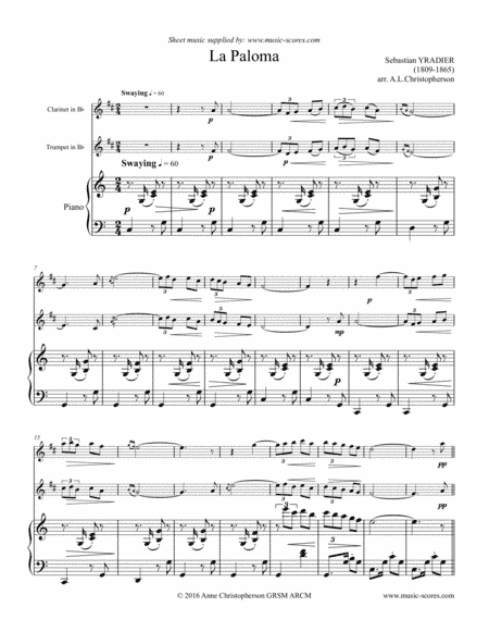 La Paloma - Clarinet, Trumpet and Piano (arr. Anne L Christopherson GRSM ARCM)