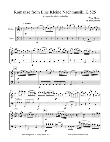 Romanze from Eine Kleine Nachtmusik, K.525, for violin and cello duo (arr. Yellow Cello Music)