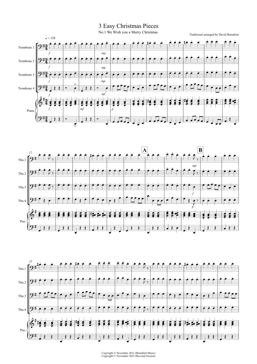 3 Easy Christmas Pieces for Trombone Quartet (arr. David Burndrett)