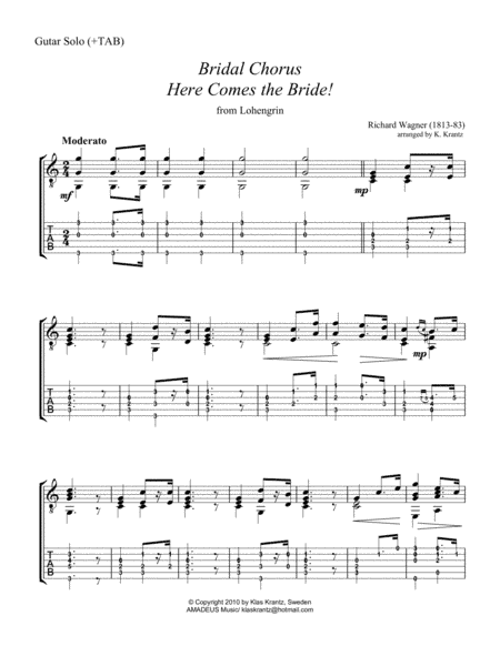 Bridal Chorus / Here Comes the Bride! for easy guitar solo (+TAB) (arr. Klas Krantz)
