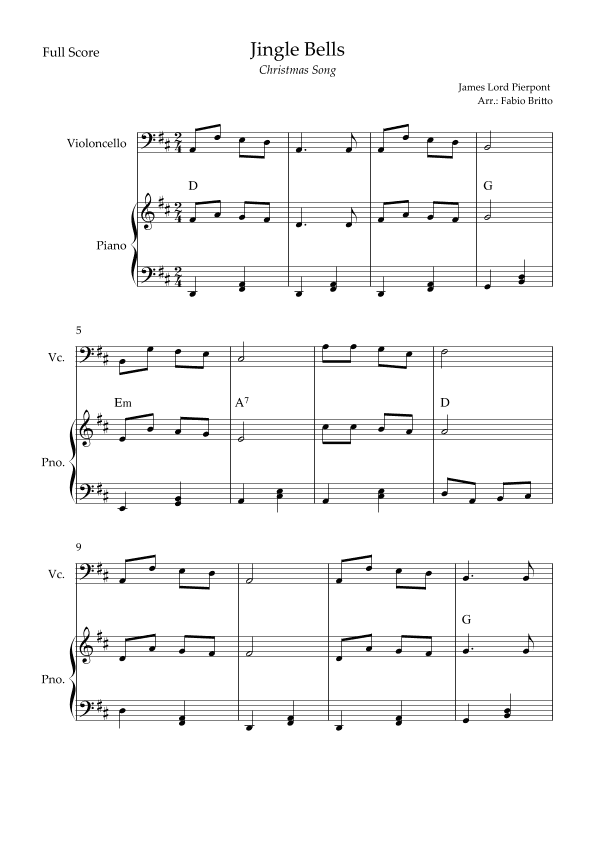 Jingle Bells (Christmas Song) for Cello Solo and Piano Accompaniment with Chords (arr. Fabio Britto)