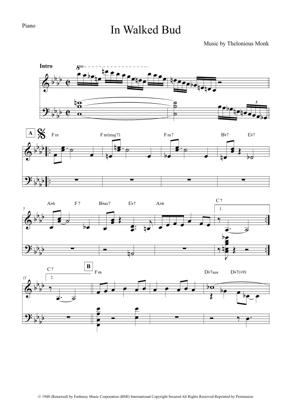 In Walked Bud (arr. The Sheet Music Library)