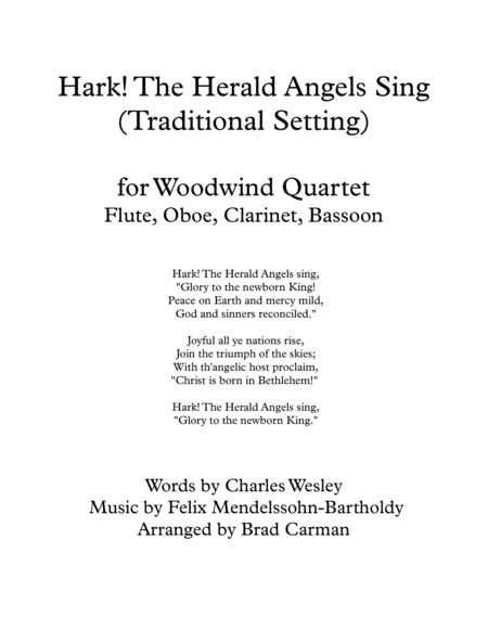 Hark! The Herald Angels Sing for Woodwind Quartet (arr. Brad Carman)