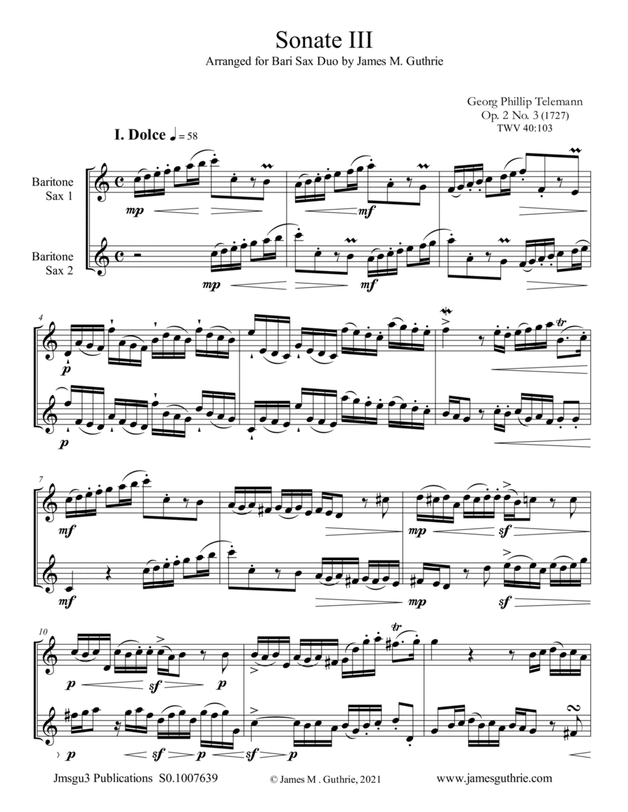 Telemann: Sonata Op. 2 No. 3 for Baritone Sax Duo (arr. James M. Guthrie)