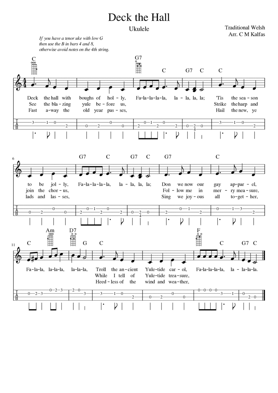 Deck the Halls - ukulele tab and chords (key of C) (arr. Christy Kalfas)