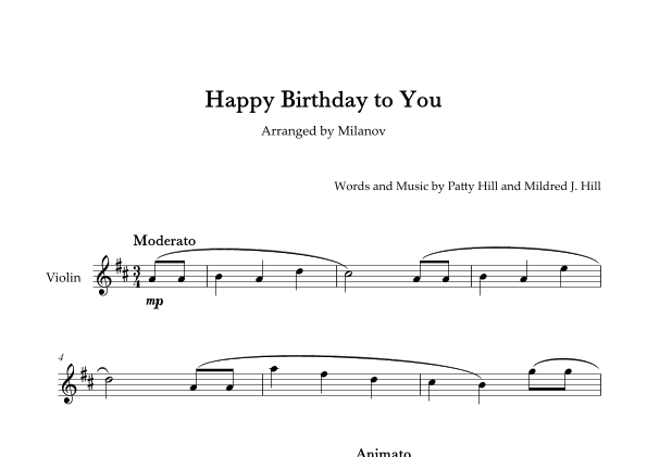 Happy Birthday to You in D Violin (arr. Milanov)
