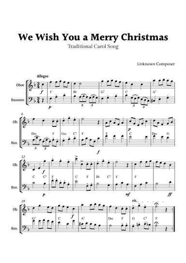 We Wish you a Merry Christmas for Clarinet and Bassoon Duet with Chords (arr. Rika K.)