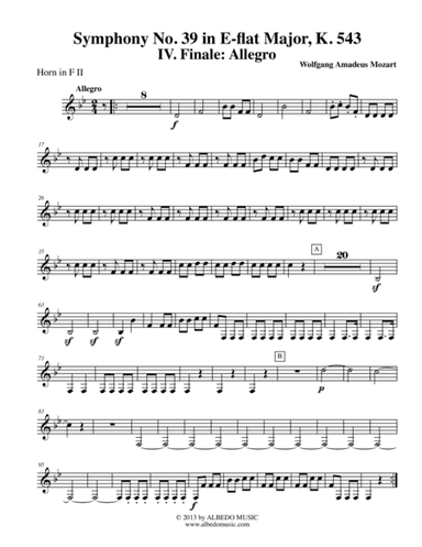 Mozart Symphony No. 39, Movement IV - Horn in F 2 (Transposed Part), K. 543 (arr. Doug Clyde)
