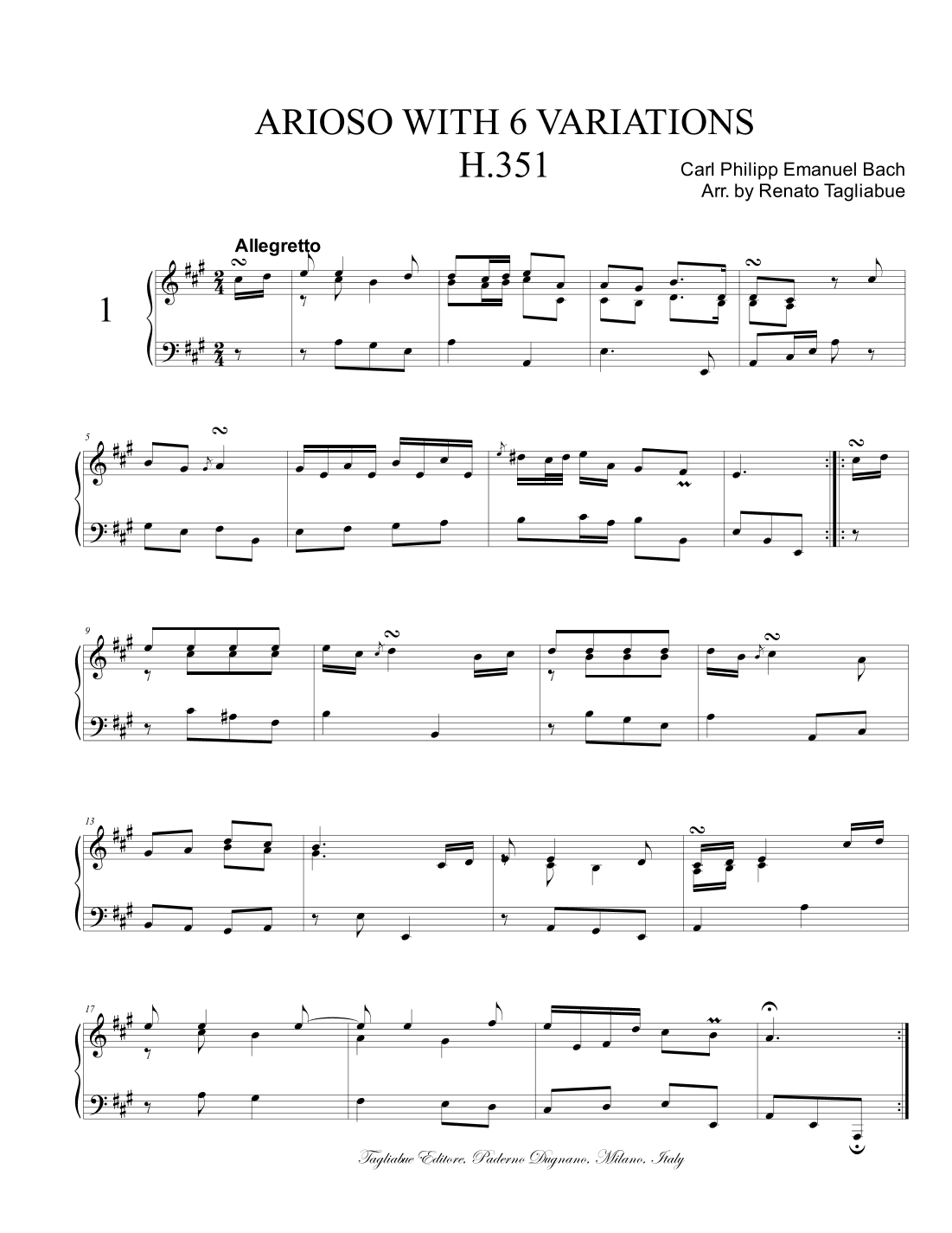Bach C.P. Emanuel, ARIOSO WITH 6 VARIATIONS (arr. Renato Tagliabue)