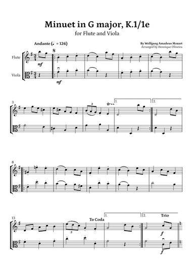 Minuet in G major, K.1/1e (Flute and Viola) - W. A. Mozart (arr. Wolfgang Amadeus Mozart)