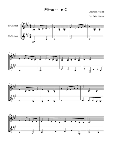 Minuet in G (Easy Clarinet Duet) (arr. Tyler Adams)