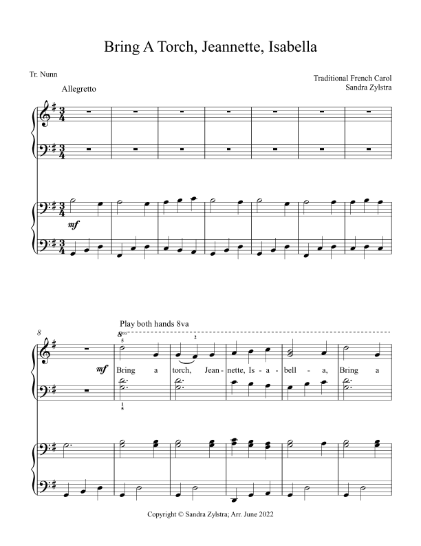 Bring A Torch, Jeanette, Isabella (elementary piano with optional duet) (arr. Sandra Zylstra)