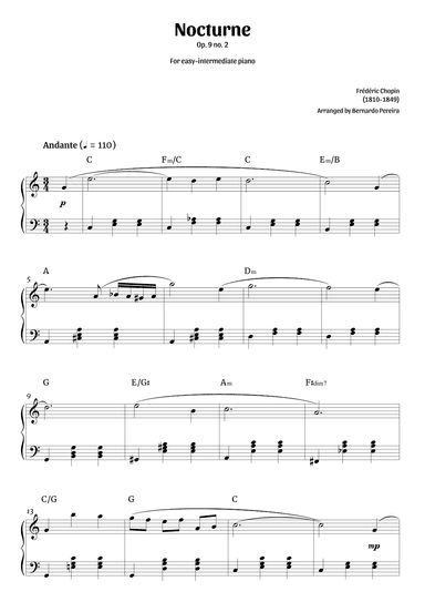 Nocturne Op. 9 no. 2 (easy-intermediate piano in C major – clean with chords) (arr. Bernardo Pereira)