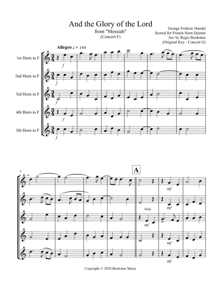 And the Glory of the Lord (from "Messiah" (F) (French Horn Quintet) (arr. Regis Bookshar)
