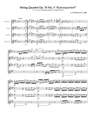 String Quartet Op. 76 No. 3 "Emperor" for Saxophone Quartet (SATB) (arr. Diego Marani)