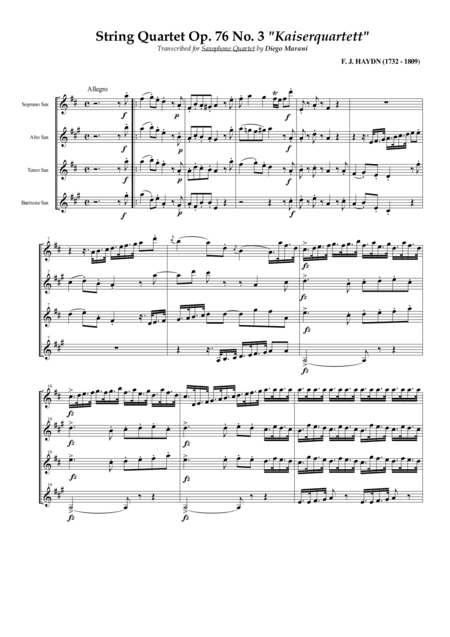 String Quartet Op. 76 No. 3 "Emperor" for Saxophone Quartet (SATB) (arr. Diego Marani)
