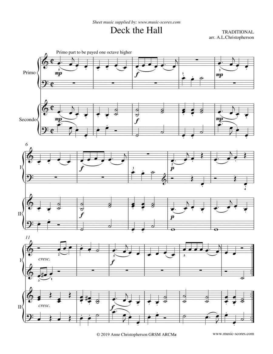 Deck the Halls with Boughs of Holly - Piano Duet (arr. Anne L Christopherson GRSM ARCM)