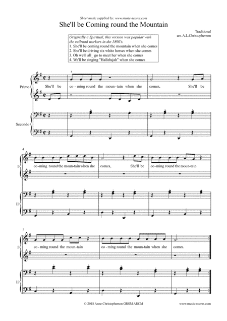 She'll be Coming Round the Mountain when she Comes - Piano Duet (arr. Anne L Christopherson GRSM ARCM)