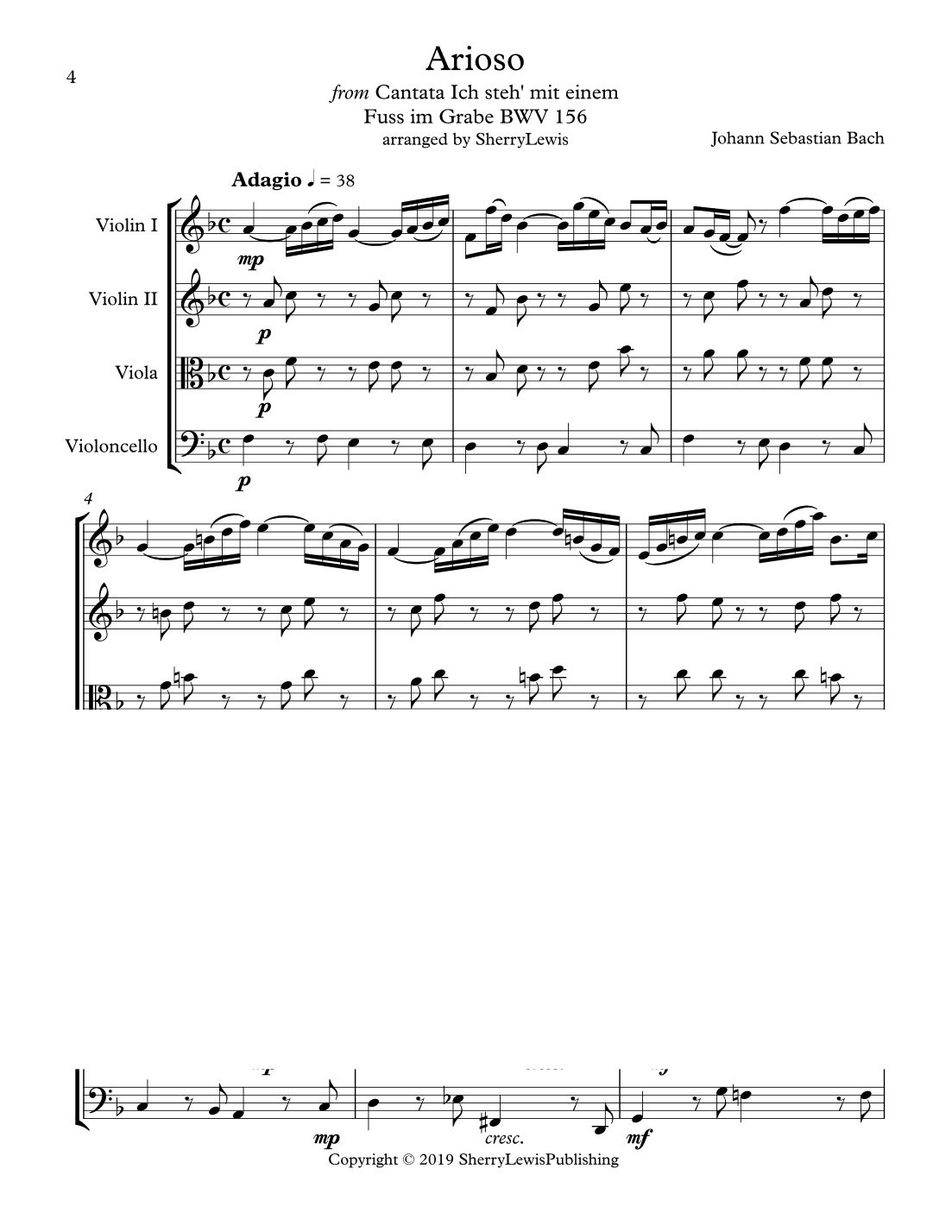 ARIOSO, Bach, String Quartet, Intermediate Level for 2 violins, viola and cello (arr. Sherry Lewis)