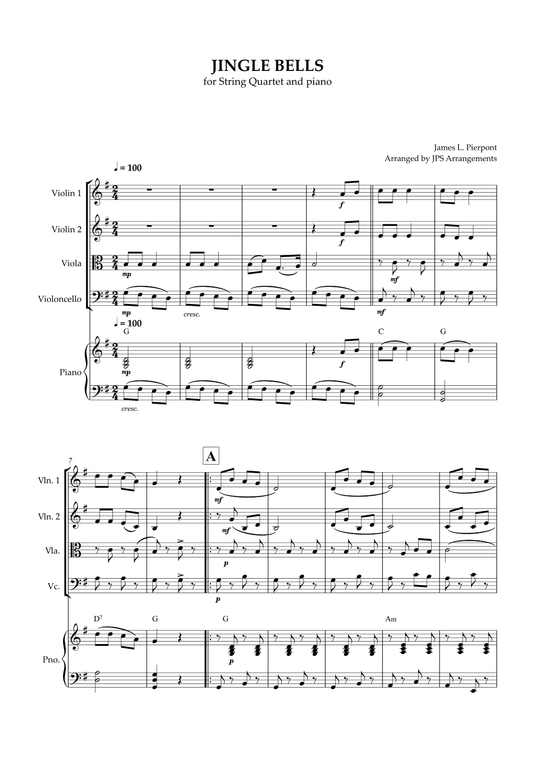 Jingle Bells for String Quartet in G major and piano (arr. Jps Arrangements)