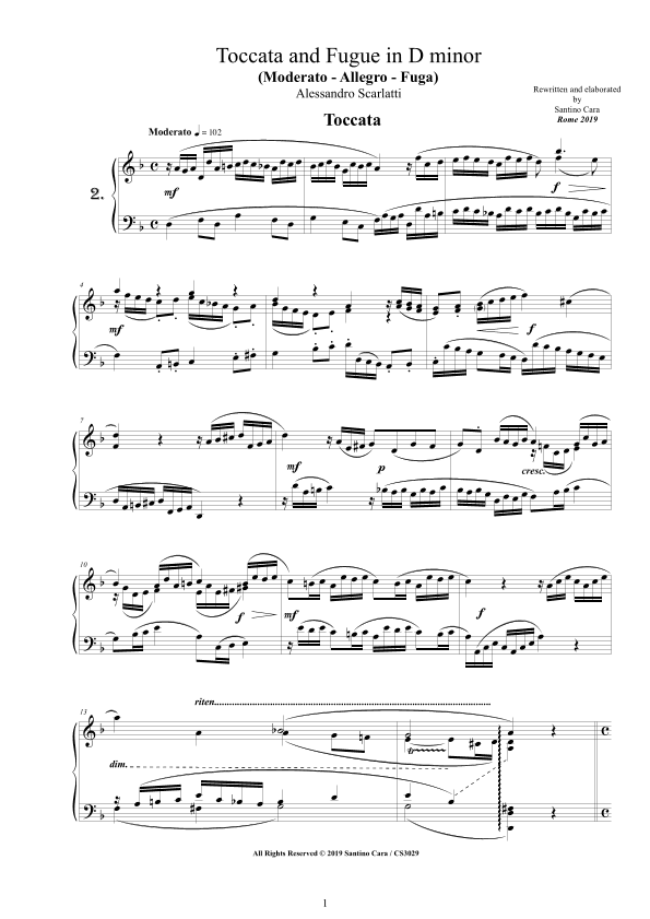 Scarlatti A - Toccata and Fugue No.2 in D minor for Piano (arr. Cara Santino)
