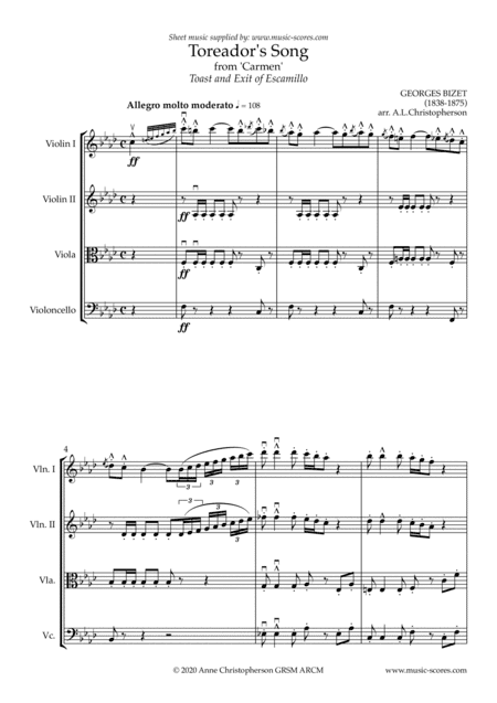 The Toreador Song from Carmen - (long version) - String Quartet (arr. Anne Christopherson GRSM ARCM)