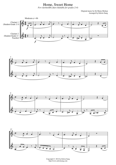Home, Sweet Home (for clarinet(Bb) duet, suitable for grades 2-4) (arr. Edwin Sung)