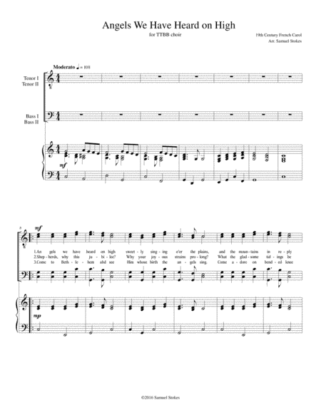 Angels We Have Heard on High - for TTBB choir with piano accompaniment (arr. Samuel Stokes)