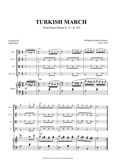 Turkish March - String Quartet and Piano + CHORDS (arr. Valdir Maia)