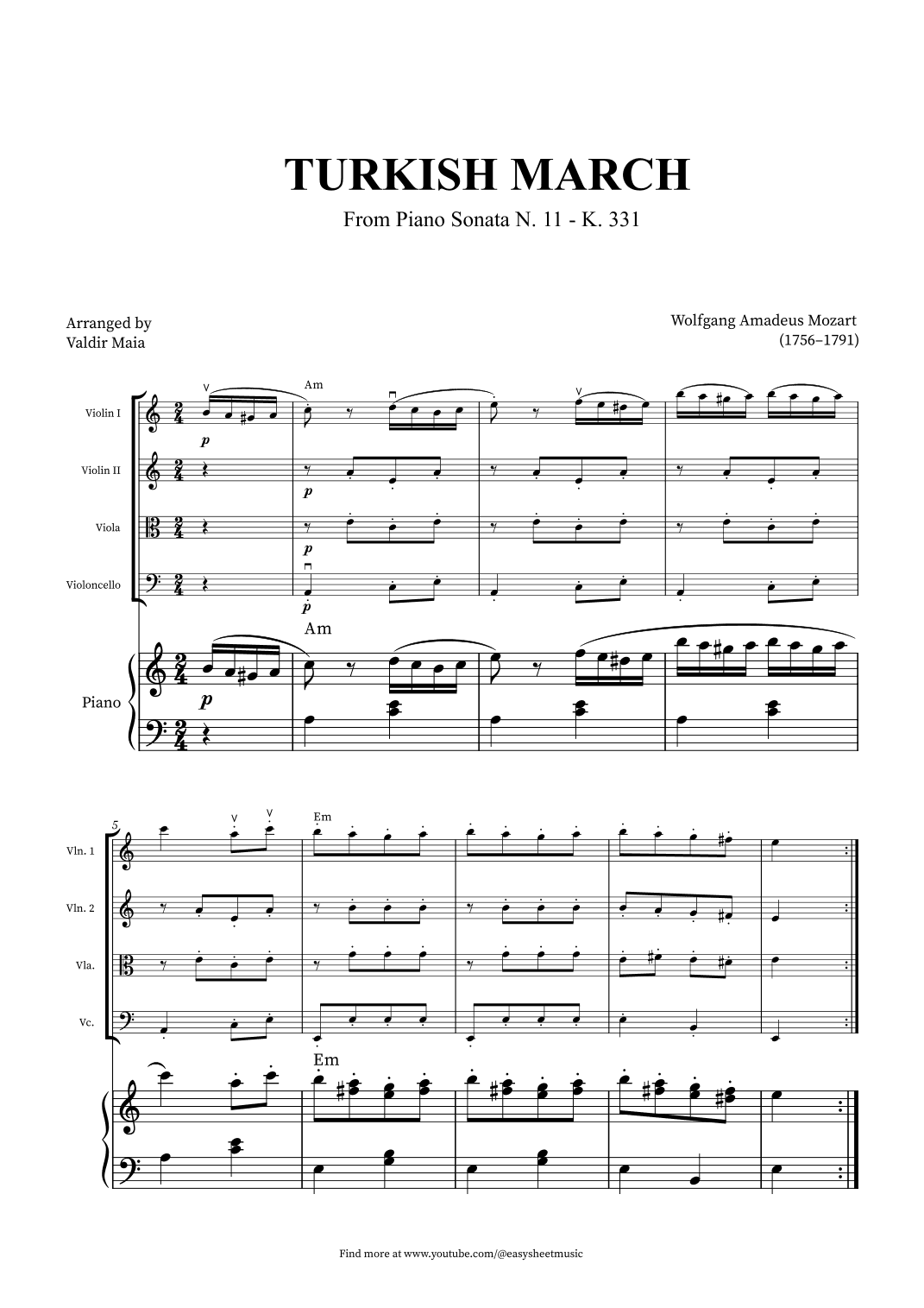 Turkish March - String Quartet and Piano + CHORDS (arr. Valdir Maia)