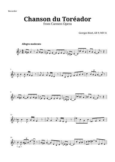 Chanson du Toreador by Bizet for Recorder (arr. Langanho)