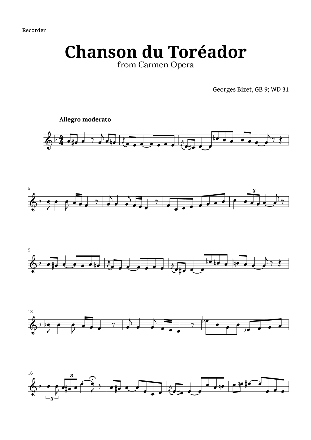 Chanson du Toreador by Bizet for Recorder (arr. Langanho)