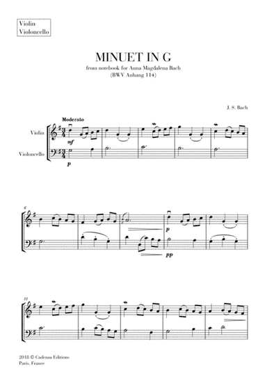 Minuet in G (from Anna Magdalena Notebook) for Violin and cello (String Duet) (arr. Cadenza Editions)