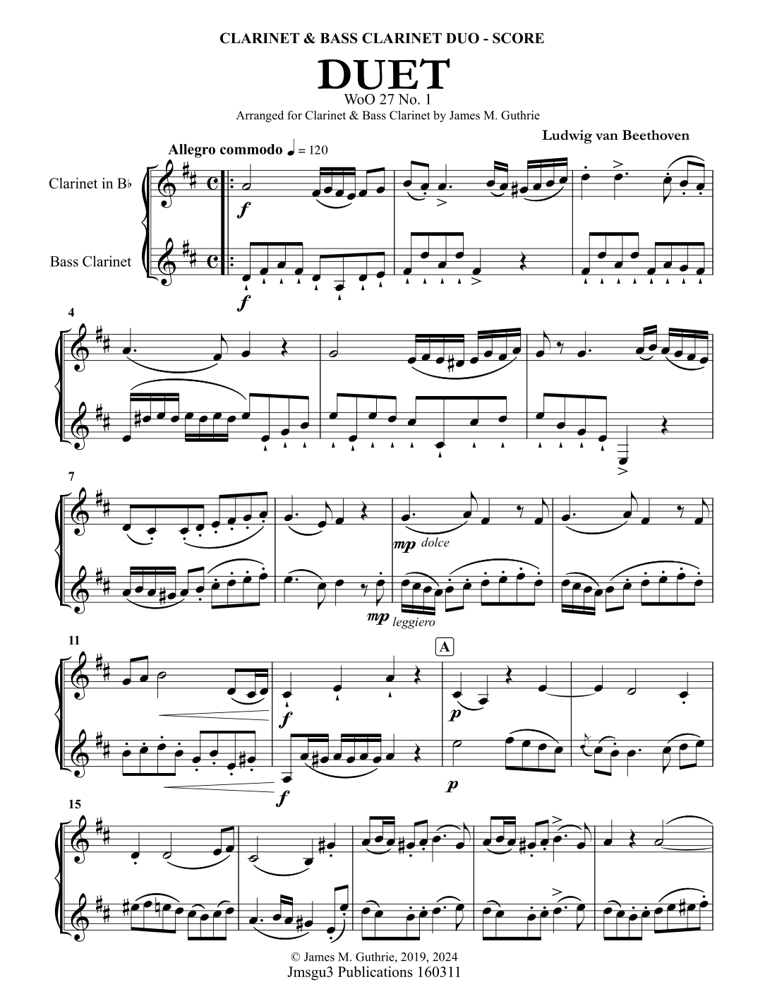 Beethoven: Duet WoO 27 No. 1 for Clarinet & Bass Clarinet (arr. James M. Guthrie, ASCAP)