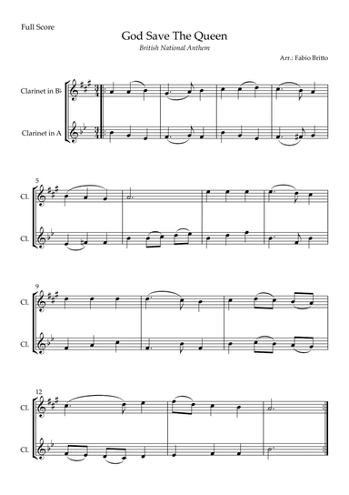 God Save The Queen (British National Anthem) for Clarinet in Bb & Clarinet in A Duo (arr. Fabio Britto)