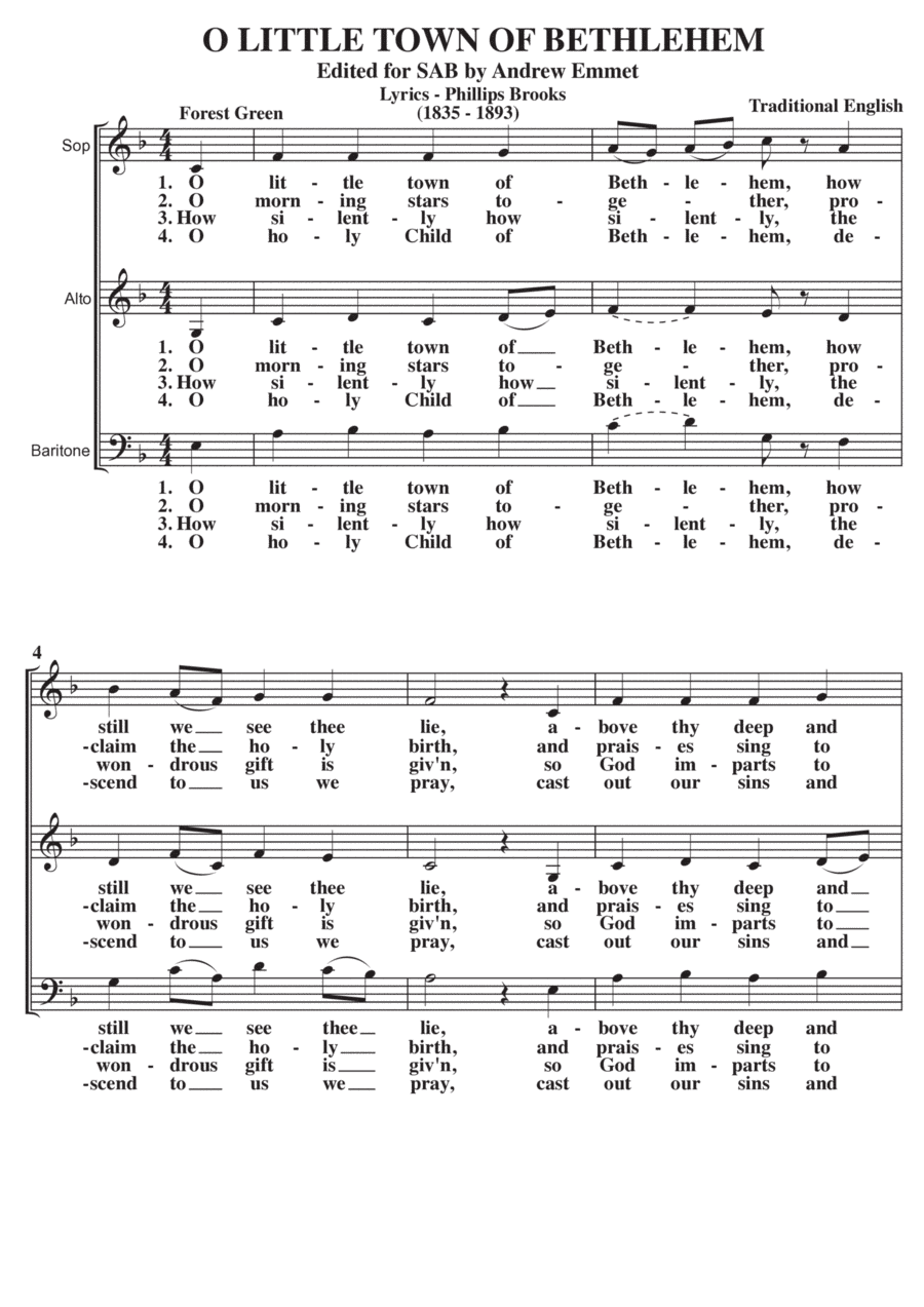 O Little Town Of Bethlehem (Forest Green) A Cappella SAB (arr. Edited by Andrew Emmet)