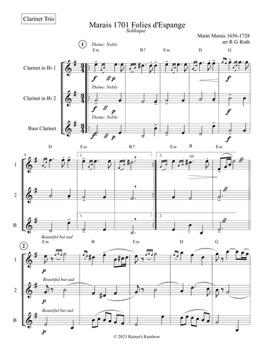 Marais 1701 Folies d'Espagne Clarinet Trio Score and Parts (arr. R G Roth)